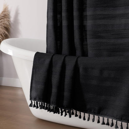 OVZME Sage Green Shower Curtain for Bathroom, Boho Linen Textured Shower Curtain with Tassel, Rustic Striped Heavy Duty Vintage Country Bathroom Curtain, 72Wx72L Inches