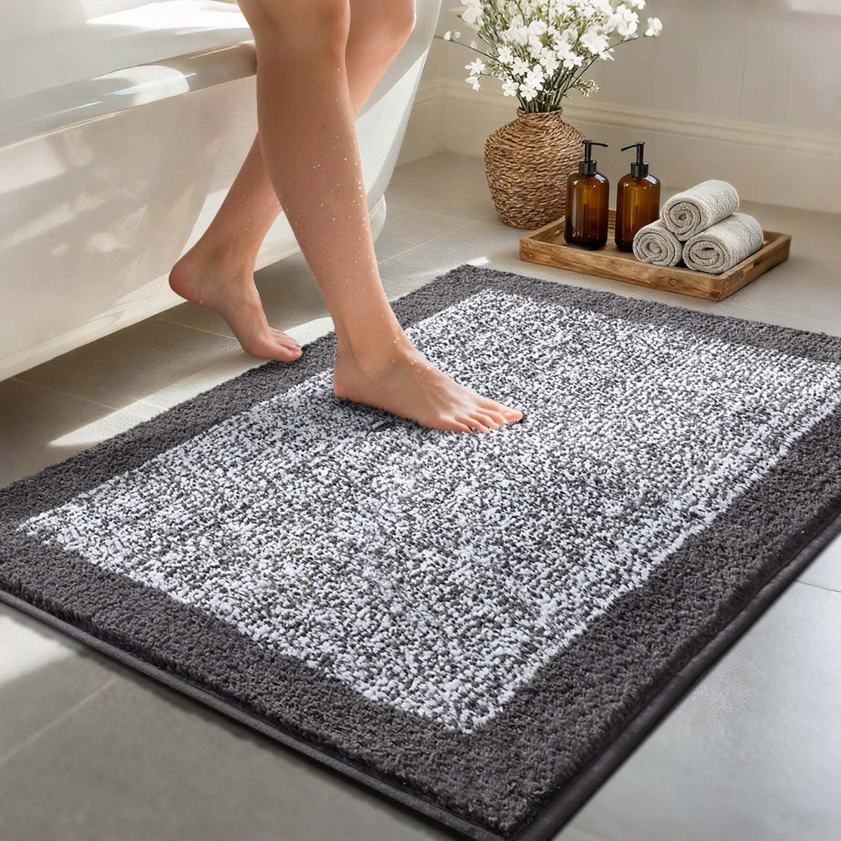 Long 2x4 Ft (48''x24'') Bathroom Rugs, Non Slip Washable Bath Mat Grey