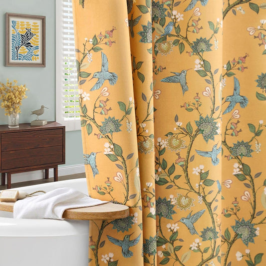 Mustard Yellow Cotton Floral Shower Curtain,Vintage Anthropologie Shower Curtains for Bathroom,72Wx72H