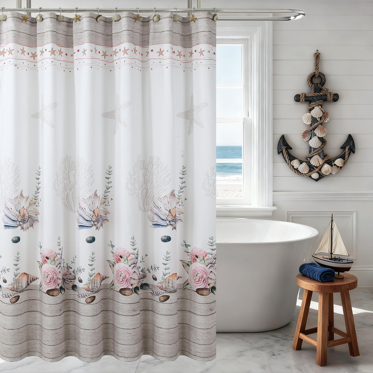 Coastal Seashell Fabric Shower Curtain, Under The Sea Beach Ocean Theme Shower Curtain with Starfish & Coral, Waterproof Blue Nautical Decorative Bathroom Curtains, 72" W x 72" H