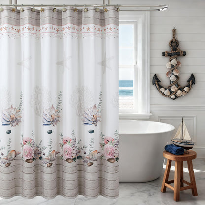 Coastal Seashell Fabric Shower Curtain, Under The Sea Beach Ocean Theme Shower Curtain with Starfish & Coral, Waterproof Blue Nautical Decorative Bathroom Curtains, 72" W x 72" H