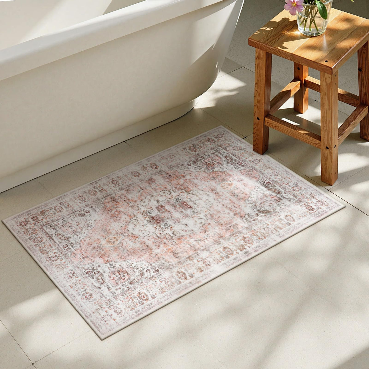 Uphome Boho Small Bath Mat, Distressed Farmhouse Light Khaki Bath Rugs, Comfy Velvet Bathroom Rugs Non Slip Washable, Vintage Oriental Toilet Rug for Sink Shower Vanity, 18x26 inch