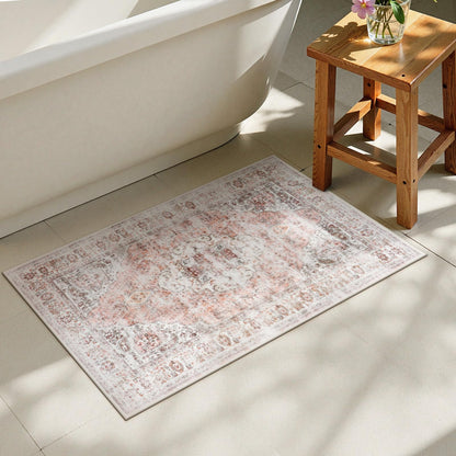 Uphome Boho Small Bath Mat, Distressed Farmhouse Light Khaki Bath Rugs, Comfy Velvet Bathroom Rugs Non Slip Washable, Vintage Oriental Toilet Rug for Sink Shower Vanity, 18x26 inch