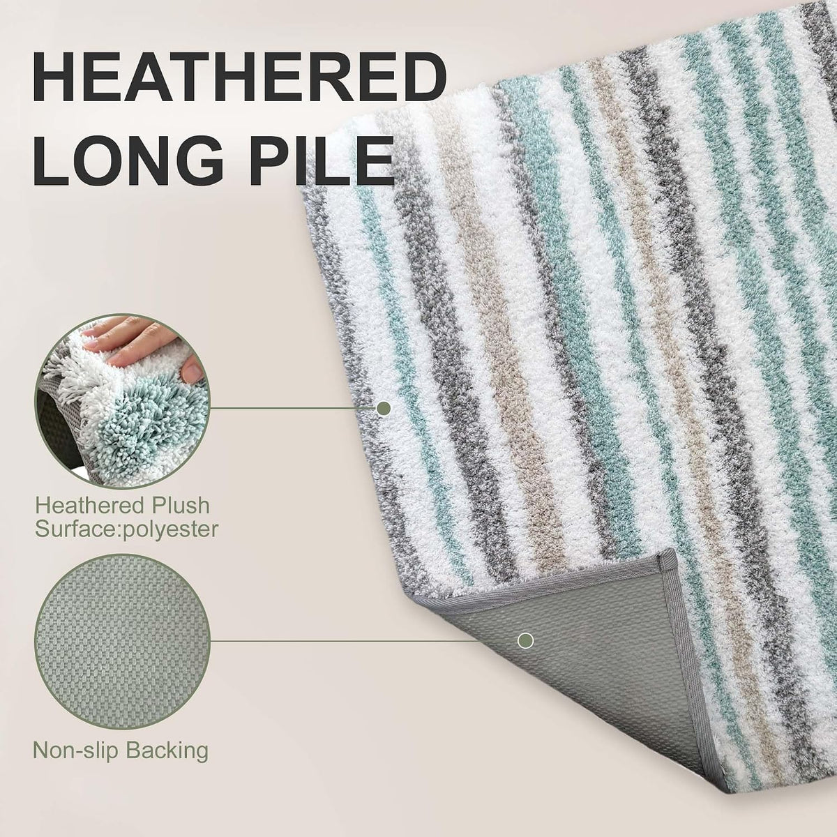 VOOVA & MOVAS Striped Bathroom Rug, 24x17, Microfiber, Aqua Beige Gray