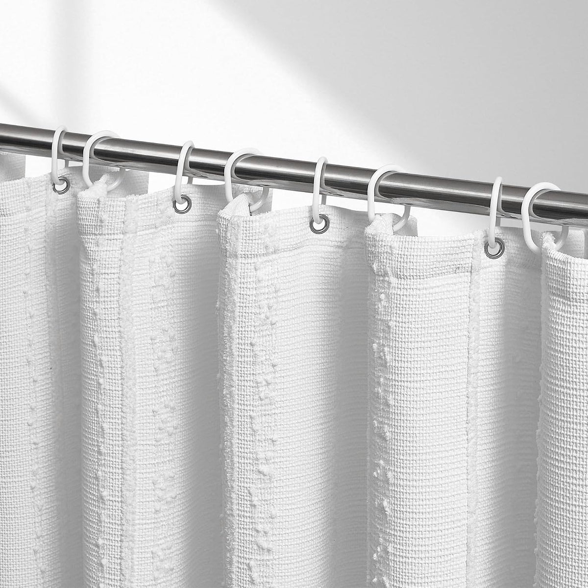 Extra Long White Shower Curtain Boho, 72 x 84 Cotton Blend Waffle Weave Stripe Textured Heavy Duty, Fabric Shower Curtain for Bathroom, Hotel, Washable