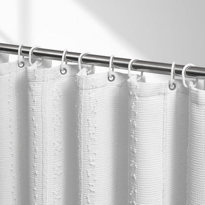 Extra Long White Shower Curtain Boho, 72 x 84 Cotton Blend Waffle Weave Stripe Textured Heavy Duty, Fabric Shower Curtain for Bathroom, Hotel, Washable