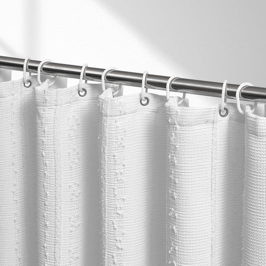 Extra Long White Shower Curtain Boho, 72 x 84 Cotton Blend Waffle Weave Stripe Textured Heavy Duty, Fabric Shower Curtain for Bathroom, Hotel, Washable