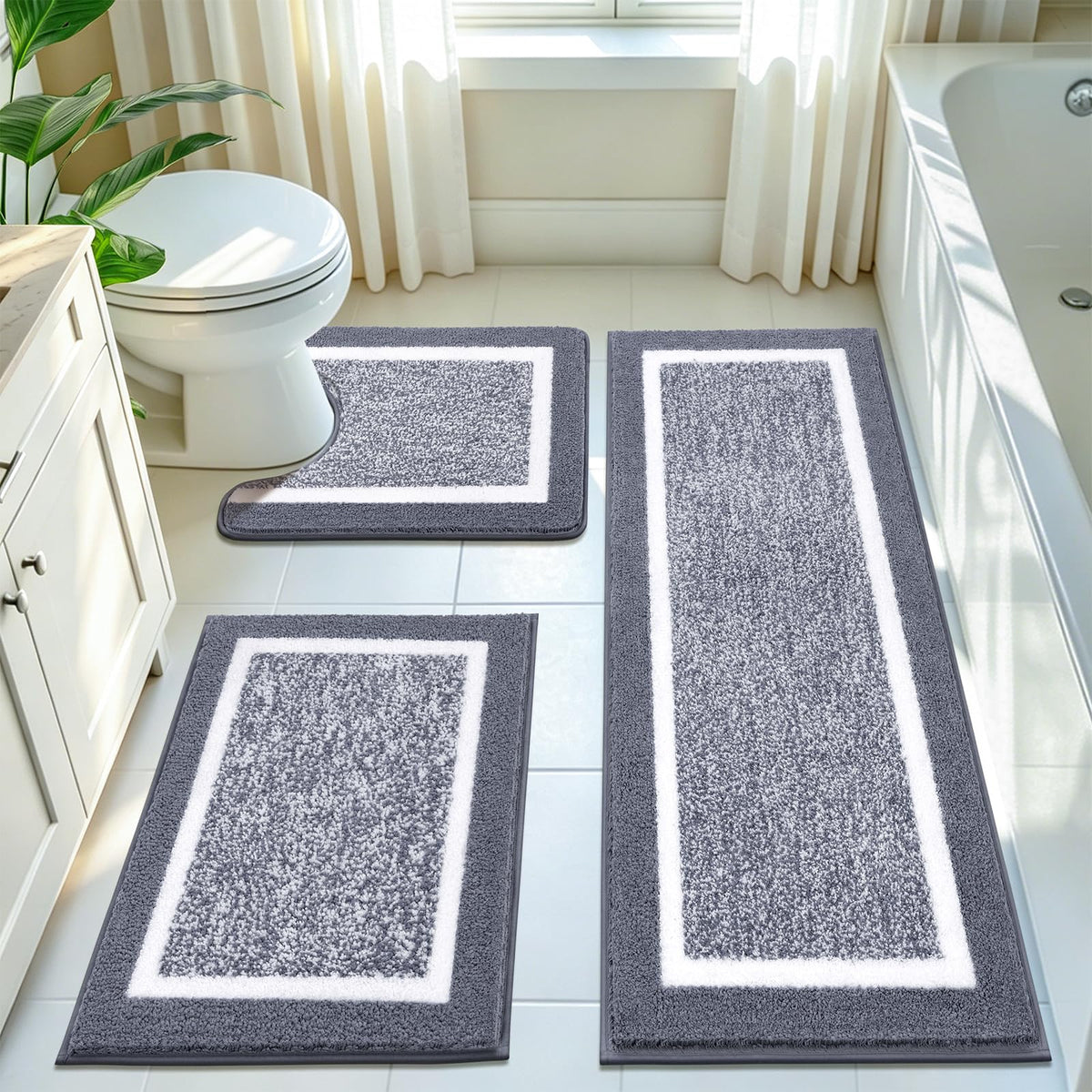 Pauwer Bathroom Rugs 3 Piece Set, Non Slip Washable Bath Mat, Dark Grey