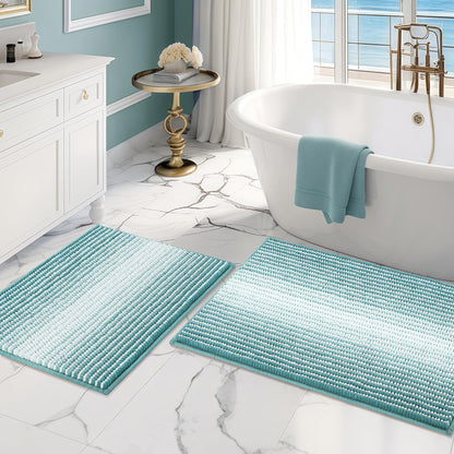 BSICPRO Bathroom Rugs Sets 2 Piece, Non Slip Striped Bath Mats, Fog Blue