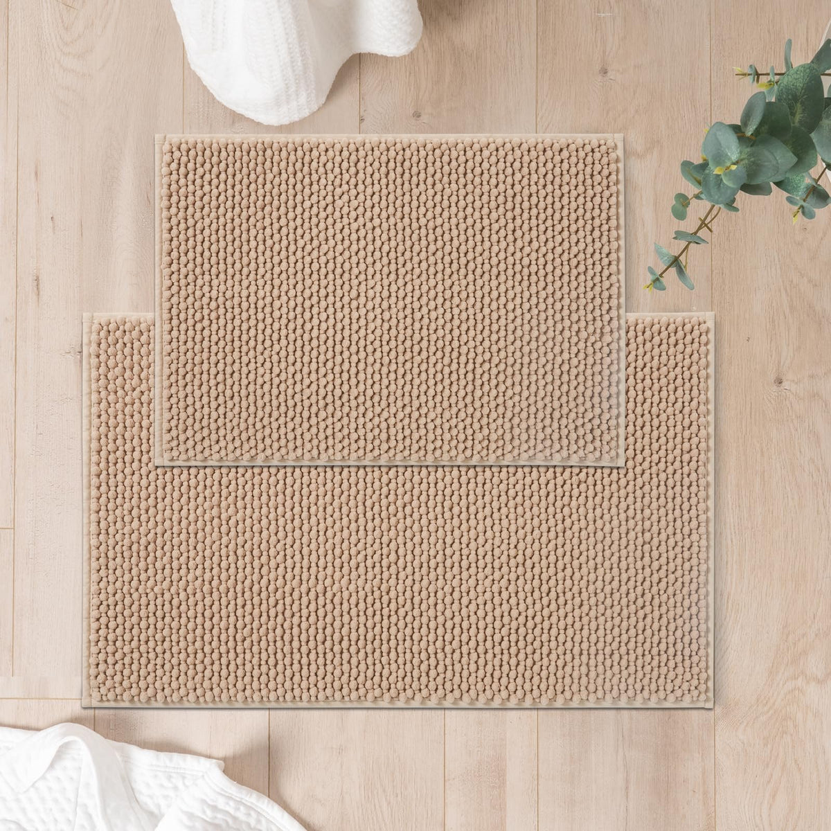 FRESHMINT Chenille Bath Rugs Set 2 Pieces, Cream White, 17''x24''+20''x47''