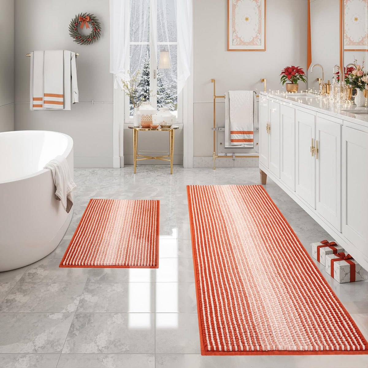 BSICPRO Bathroom Rugs Sets 2 Piece, Non Slip Striped Bath Mats, Fog Blue