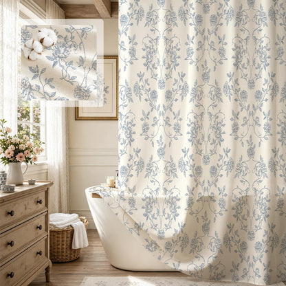 MitoVilla Vintage Farmhouse Blue Floral Poly-Cotton Shower Curtain, 72x72