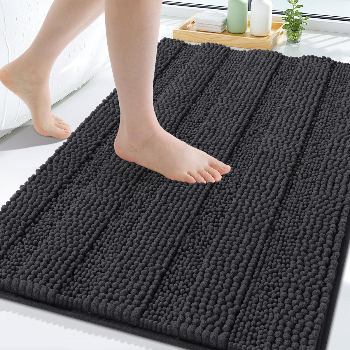 Grandaily Chenille Striped Bathroom Rugs 36x24, Extra Thick and Absorbent Bath Mats, Non-Slip Soft Plush Shaggy Shower Carpet, Machine Wash Dry, Bath Rug for Bathroom, (Large, Light Grey)