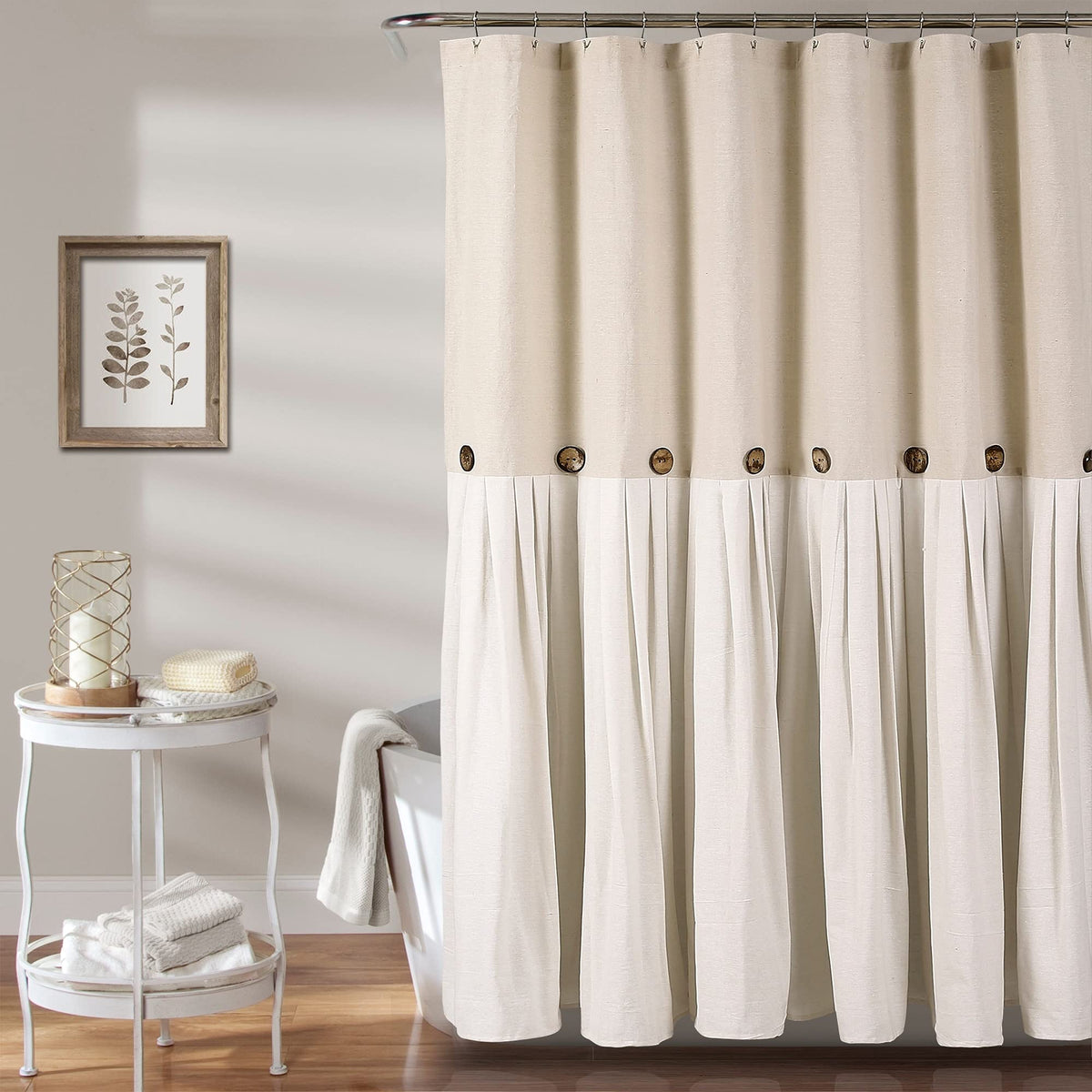 Lush Decor Linen Button Shower Curtain, 72" W x 72" L, Linen - Neural Shower Curtain Fabric - Bathroom Curtain - Farmhouse Bathroom Decor