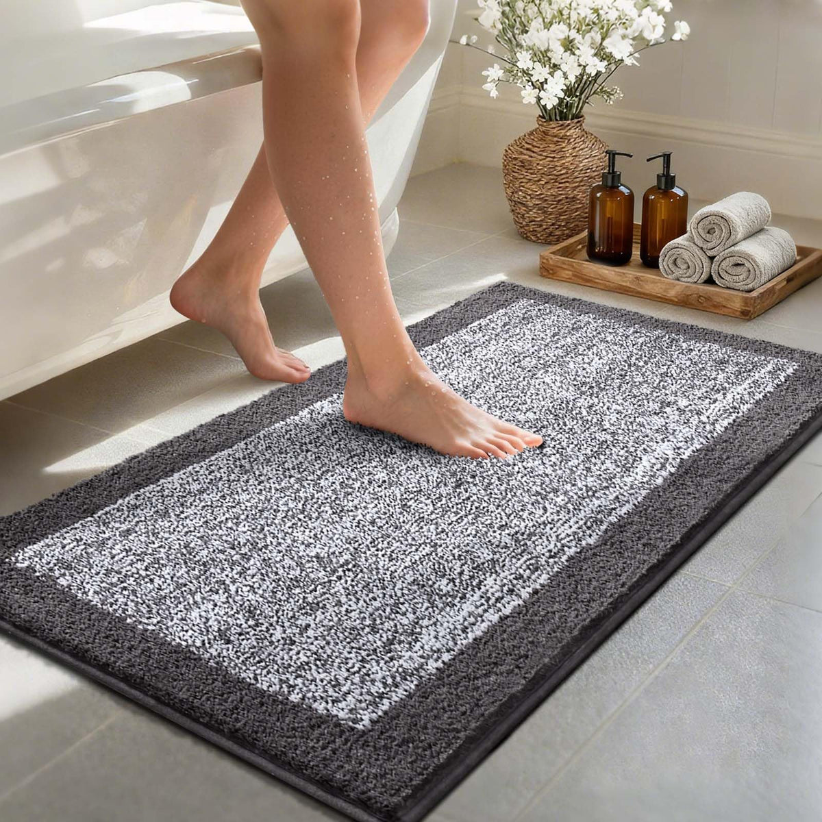 Long 2x4 Ft (48''x24'') Bathroom Rugs, Non Slip Washable Bath Mat Grey