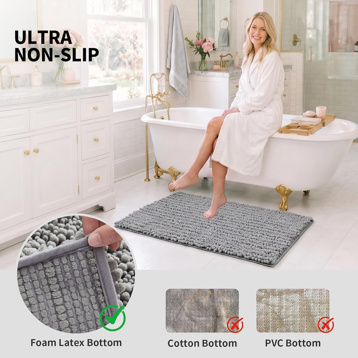 ILANGO Bathroom Rugs Light Grey 44x24, Soft Absorbent Chenille Bath Rugs