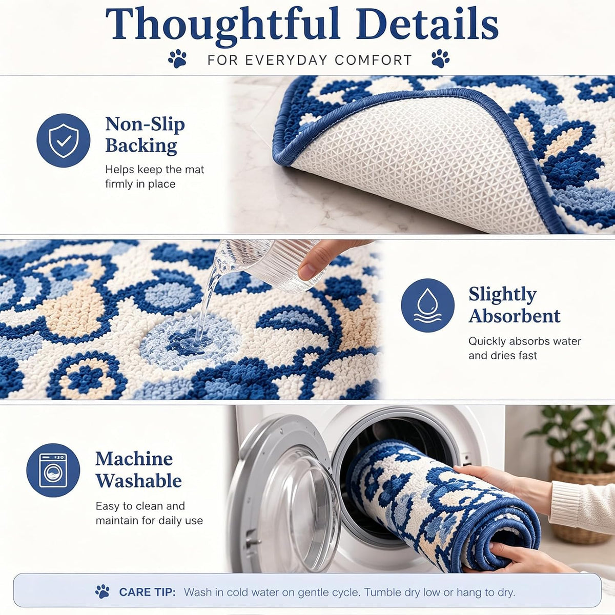 Cute Cat Bath Mat, Unique Blue Small Fun Bathroom Rug