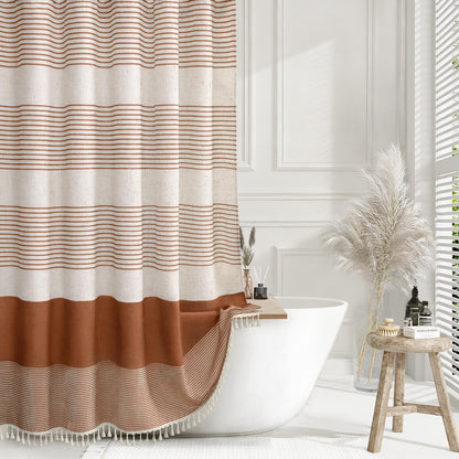 Navy Blue Coastal Ocean Linen Striped Shower Curtain with Tassel 72W X 72L