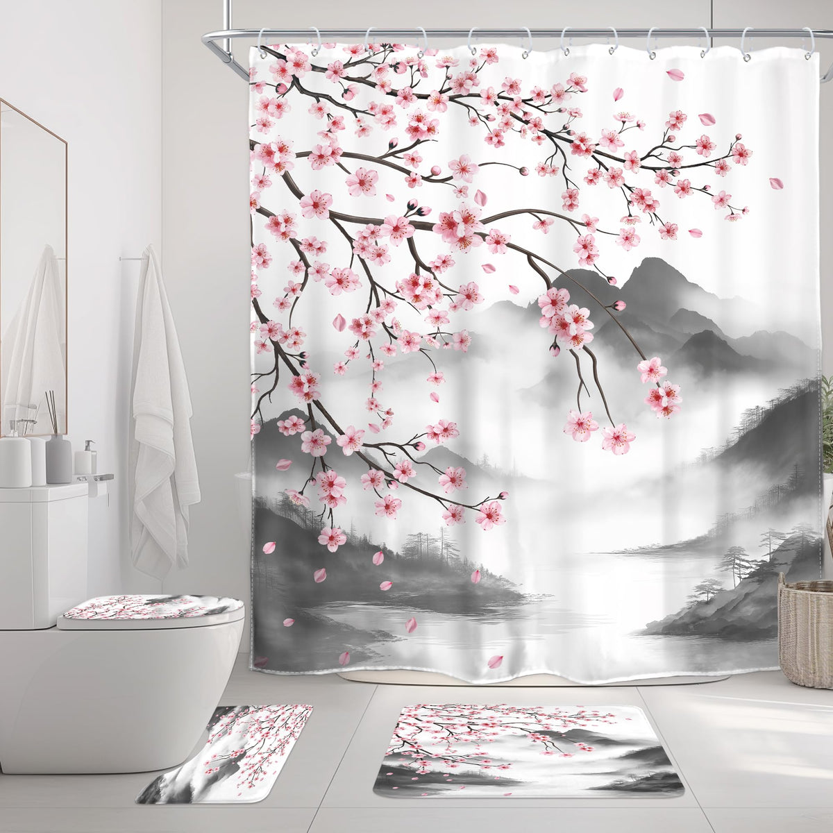 Pink Cherry Blossom Plum Asian Shower Curtain Japanese 60Wx72H Inch Decor