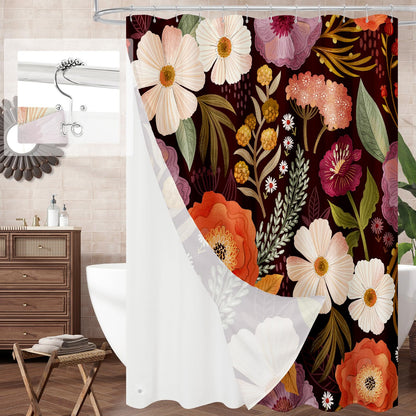 Boho Floral Shower Curtain, Vintage Botanical Fabric Curtain, 72 x 72