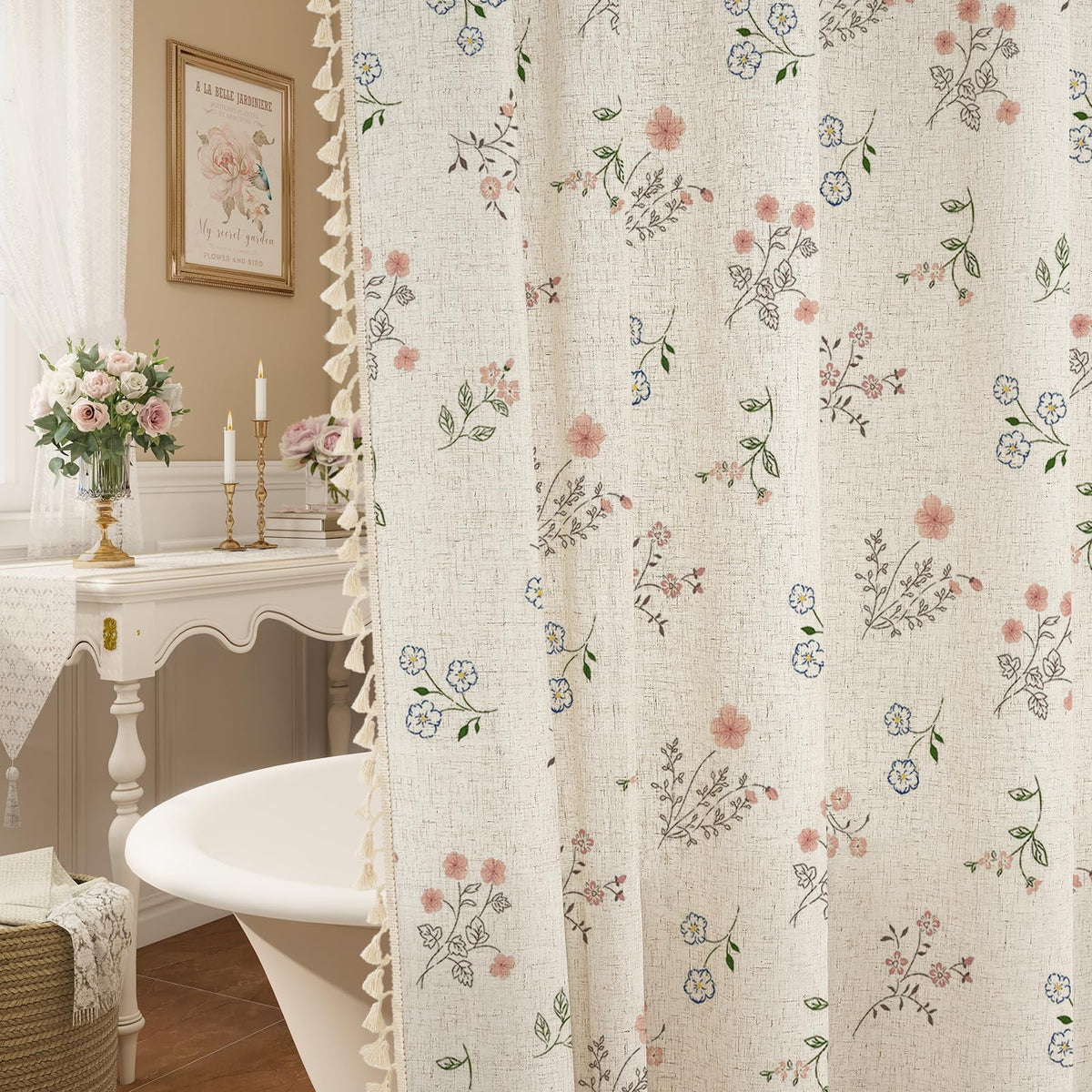 Farmhouse Linen Shower Curtain, Boho Garden Floral Curtain, 72 x 72