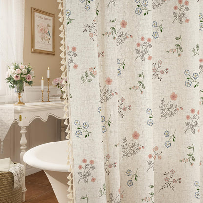 Farmhouse Linen Shower Curtain, Boho Garden Floral Curtain, 72 x 72