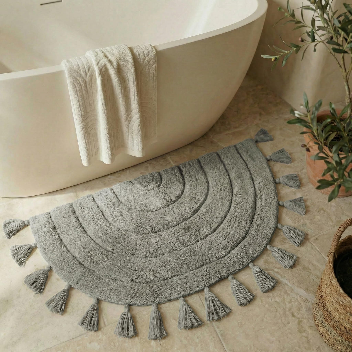 Beautiful Boho Rug with Tassels - Soft Half Circle Cotton Bathroom Mat