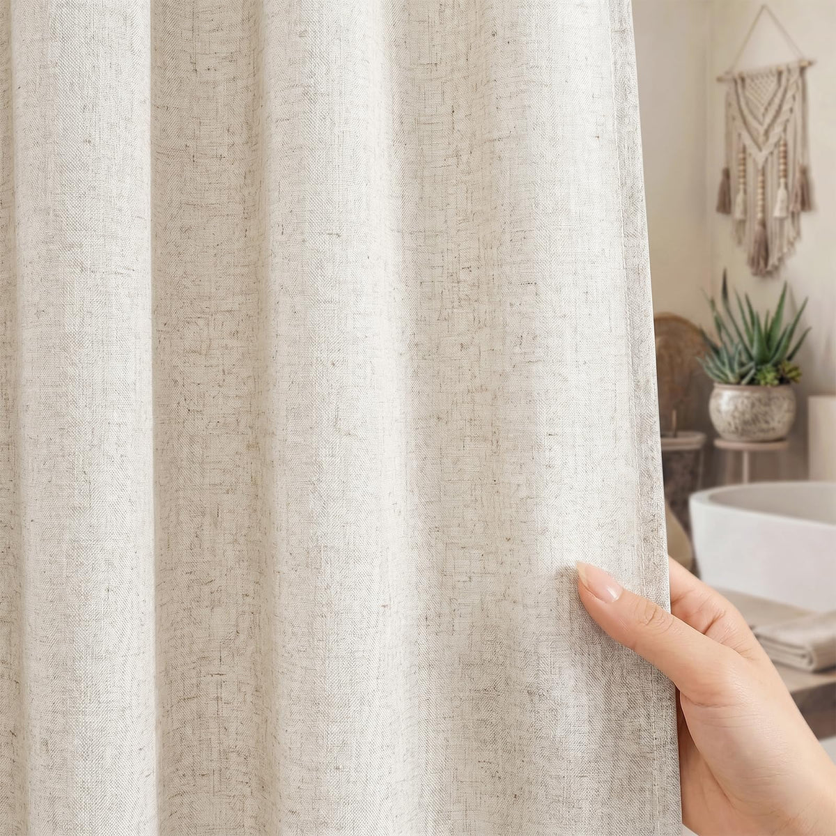 Linen Shower Curtain Boho Beige Shower Curtain with Tassels 72"W x 84"L