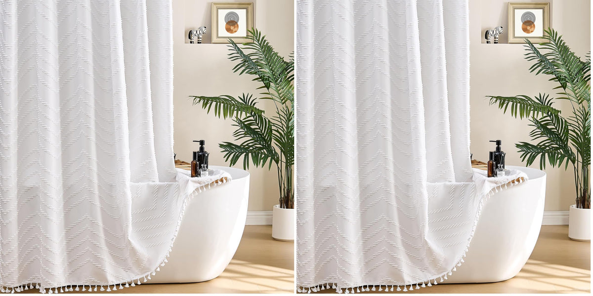 Siiluminisoy White Shower Curtain Fabric Boho Shower Curtain Cloth Textured Tufted Chevron Elegant Shower Curtains Waterproof for Bathroom 72" x 72"