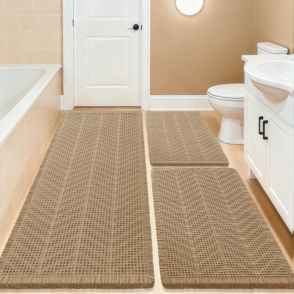 Upgrade Waffle Bath Mat Set 2 Piece, Boho Bathroom Rugs Absorbent Non Slip, Ultra Soft Bathroom Mat, Machine Washable Knit Bath Rugs with Herringbones for Bathroom, Bedroom, Kitchen, Shower, White