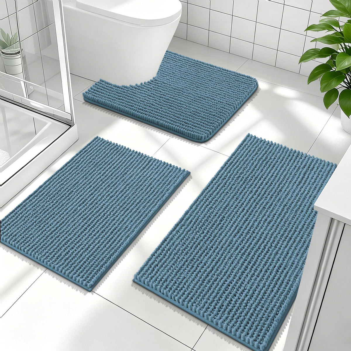 OLANLY Bathroom Rugs Sets 3 Piece, Super Soft Absorbent Chenille Bath Mats and U-Shaped Toilet Rug, Quick Dry, Home Decor, Bath Mat Set for Bathroom (24"x16"+24"x20"+30"x20", Grey)