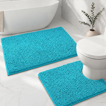 Bathroom Rugs Sets 2 Piece,Super Absorbent Soft,Thick,Machine Washable Chenille Bath Mat,Non Slip Toilet Floor Rug,Bath Mats for Bathroom,20x32 Plus 20x20 U Shape,Light Grey
