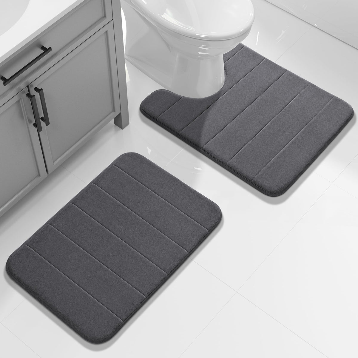 Yimobra Memory Foam Bathroom Rugs Sets 2 Piece - Super Soft Absorbent Quick Dry Bath Mat Set, Machine Washable Non Slip Floor Carpet for Tub Shower & Single Sink (17x24 & 31.5x20 Inch, Black)