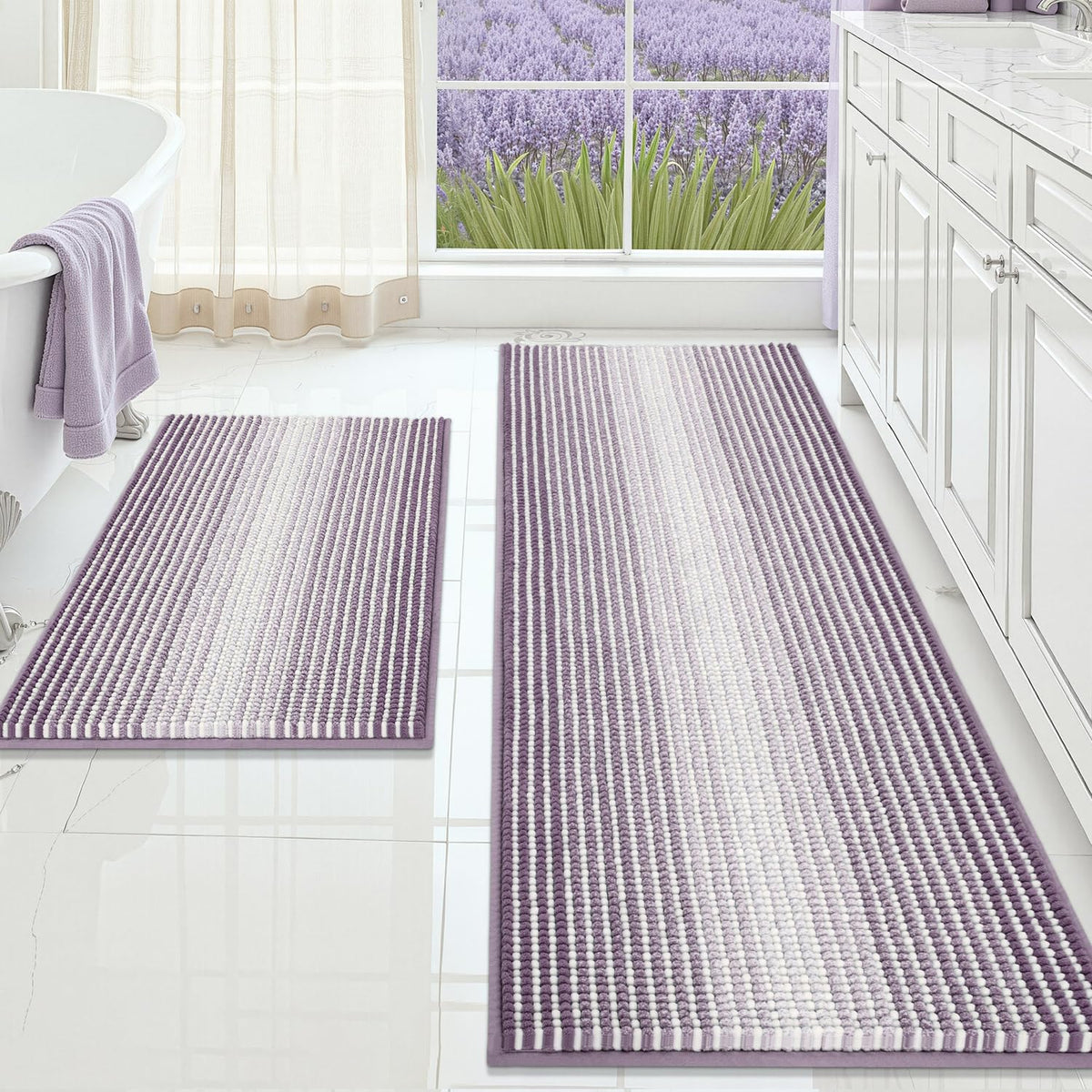 BSICPRO Bathroom Rugs Sets 2 Piece, Non Slip Striped Bath Mats, Fog Blue
