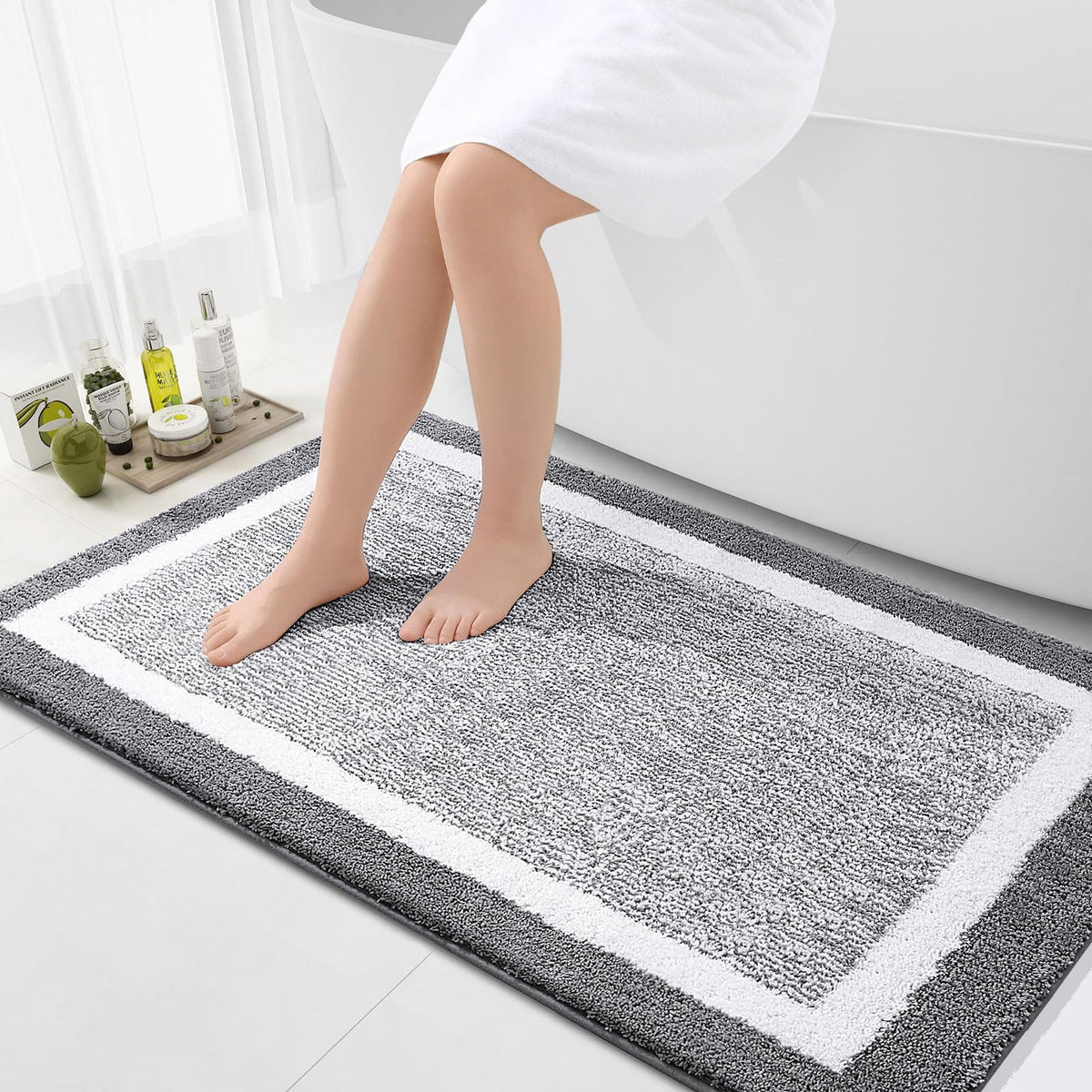 OLANLY Small Bathroom Rugs 24x16, Soft Absorbent Microfiber Bath Rugs, Grey