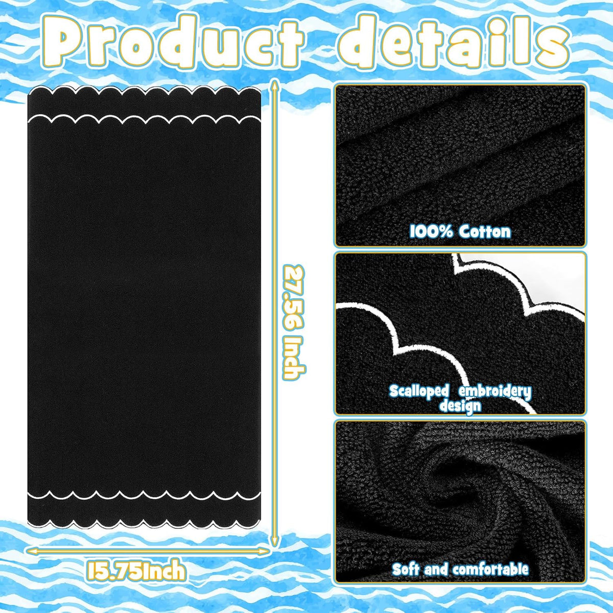 Hahafelt 2 Scalloped Hand Towels Fingertip Towels for Bathroom,Black White