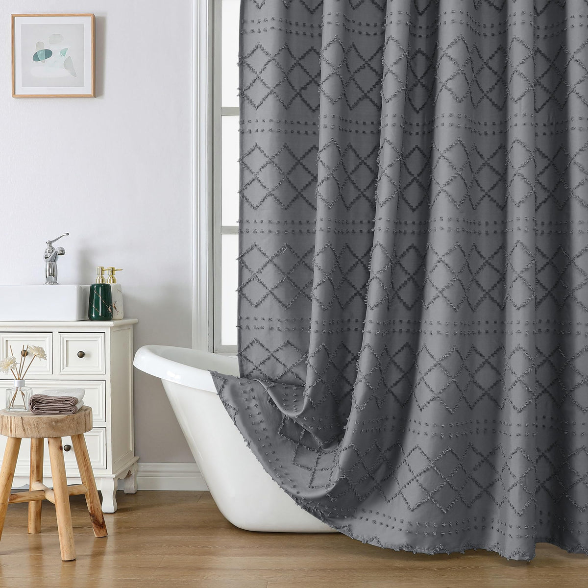 Lecloud White Fabric Shower Curtain 72x72 Inches, Boho Tufted Plaid Striped Shower Curtain Set for Bathroom, Chic Textured Cloth Shower Curtain