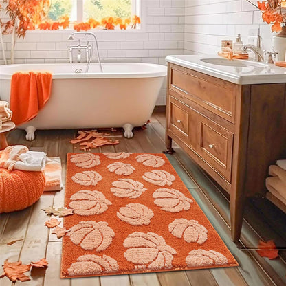 Burnt Orange Pumpkins Bath Mats Non Slip Washable, Microfiber Boho Cute Fall Autumn Bath Rug Absorbent, 16’’W x 24’’L Rustic Farmhouse Country Fall Bathroom Mat Aesthetic Decor