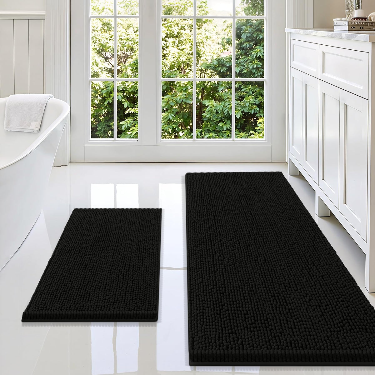 Smiry Chenille Bathroom Rugs Sets 2 Piece (30x20+24x16, Black)