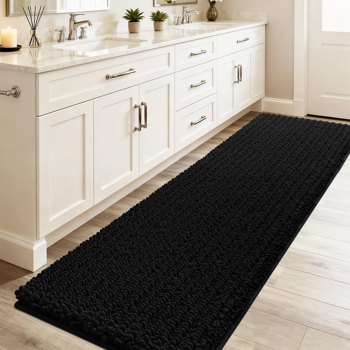 ACCUMTEK Upgrade Extra Large Black Bathroom Rug Set 3 Pieces Ultra Soft, Thick Absorbent Bath Mats, Non Slip Chenille Toilet Mat for Bathroom, Bedroom, Kitchen