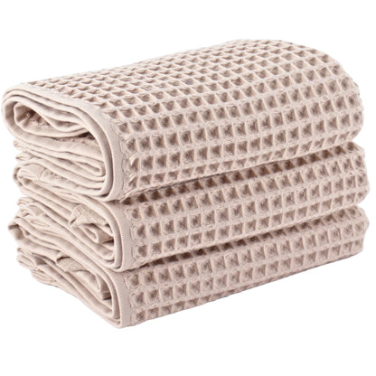 PÜSKÜL Natural 100% Turkish Cotton Waffle Hand and Kitchen Towels Set of 3