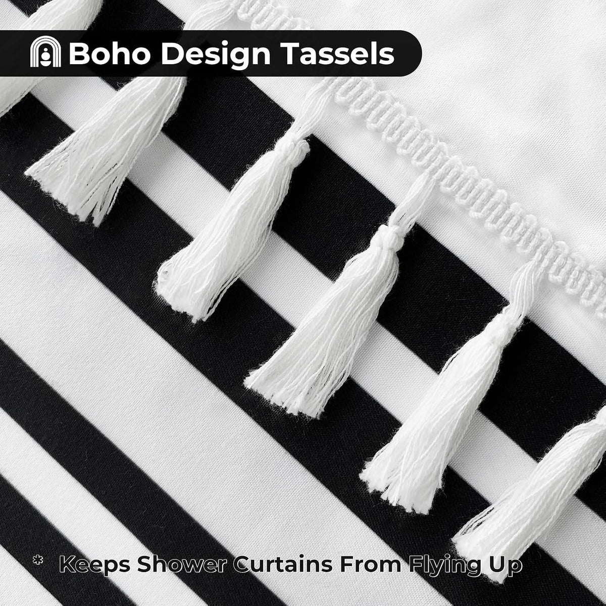 Seasonwood Black and White Shower Curtain with Tassels, 72 x 72