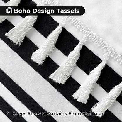Seasonwood Black and White Shower Curtain with Tassels, 72 x 72