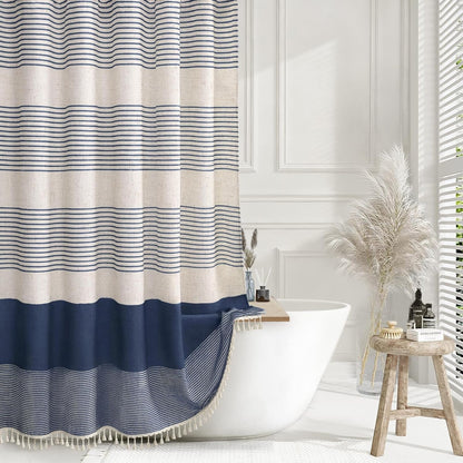 Navy Blue Coastal Ocean Linen Striped Shower Curtain with Tassel 72W X 72L