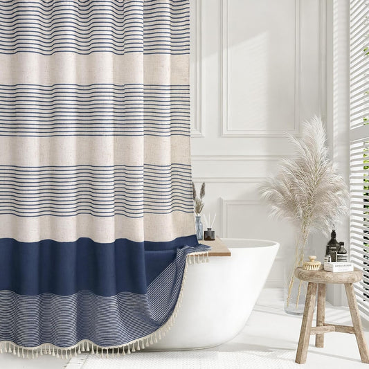 Navy Blue Coastal Ocean Linen Striped Shower Curtain with Tassel 72W X 72L