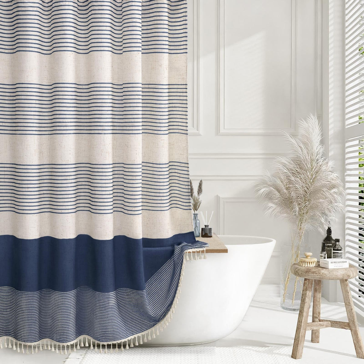 Navy Blue Coastal Ocean Linen Striped Shower Curtain with Tassel 72W X 72L
