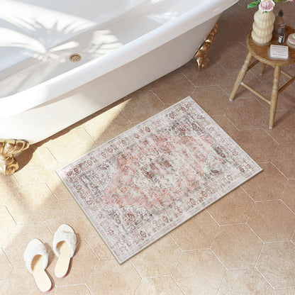 Uphome Boho Small Bath Mat, Distressed Farmhouse Light Khaki Bath Rugs, Comfy Velvet Bathroom Rugs Non Slip Washable, Vintage Oriental Toilet Rug for Sink Shower Vanity, 18x26 inch