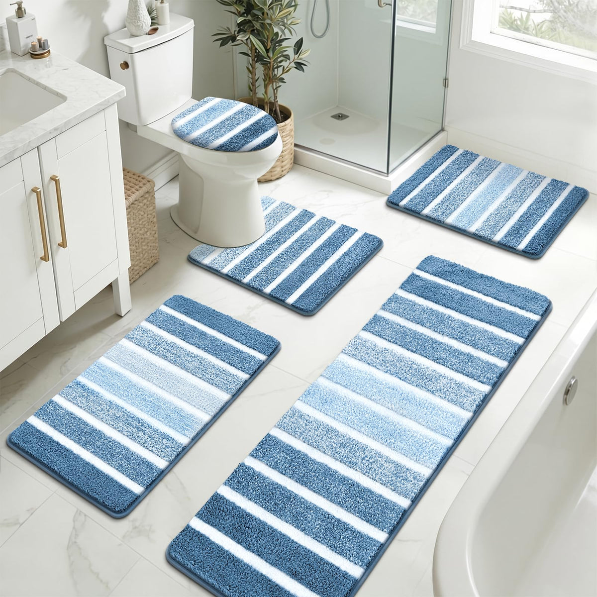Yamaziot Sage Green Bathroom Rug Set 5 Piece Washable Non Slip Striped Mat