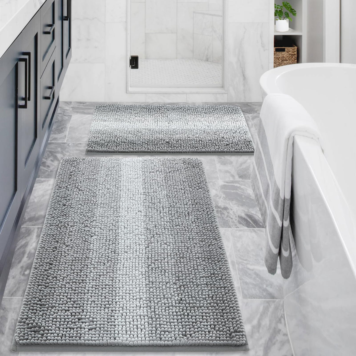 Gibelle Chenille Bathroom Rug Set 2 Piece - Non Slip Bath Mat 16x24, 20x32