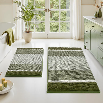 HOMEIDEAS Blue Bathroom Rugs Set, Striped Chenille, 20"x32"+17"x24"